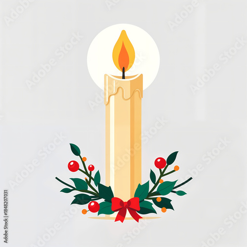 Christmas candle with holly decoration isolated on white