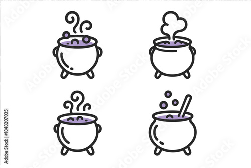 Four Halloween witch cauldrons with bubbling potions