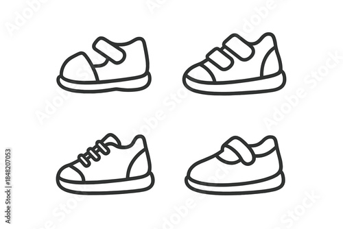 Four types of children's shoes outlined on a gray background