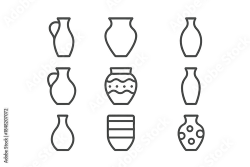 Collection of Ceramic Vase Icons with Neon Glow on Dark Background