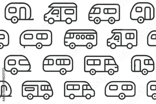 Seamless Pattern of Vintage Camper Vans and Caravans Line Art