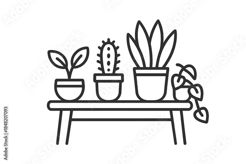 Line art of potted plants on a shelf