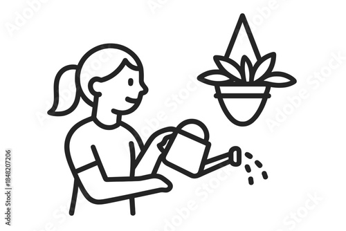 Person watering a hanging plant
