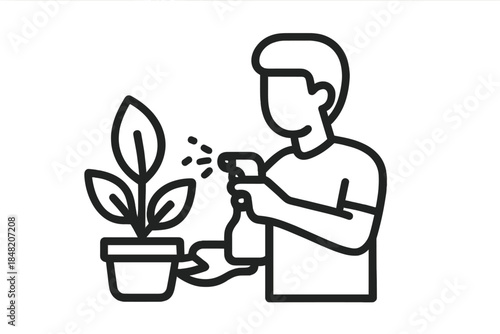 Person watering a potted plant with a spray bottle, icon