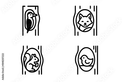 Forest animals in tree hollows line art icons