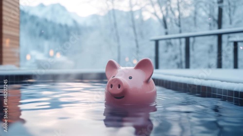 Quirky Piggy Bank Floating in a Hot Tub Amidst a Frosty Winter Scene, Representing the Serenity of Safe Savings and a Stress-Free Future. Video made using Generative AI.