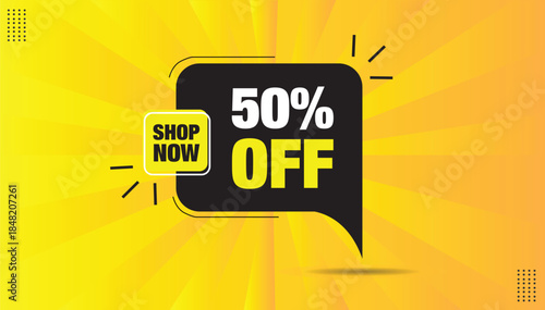 50% OFF shop now vector illustration label sticker design with yellow and orange gradient background and black light yellow shapes