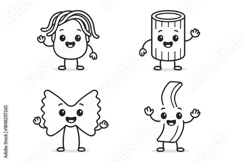 Four Cartoon Pasta Characters Waving