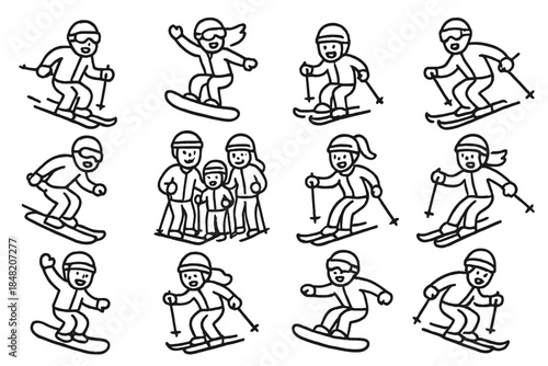Skiing and Snowboarding Figures Line Art on Dark Background