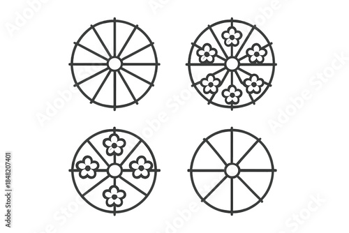 Four circular motifs with spoke designs and floral elements
