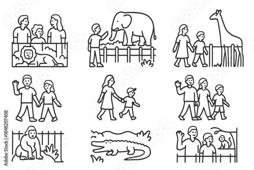 Zoo Visitors Observing Animals Line Art