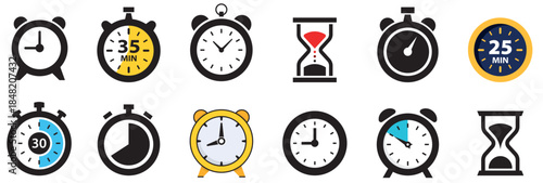 Timer icon set. Time symbol. Alarm, schedule, hourglass, clock icons. Vector illustration