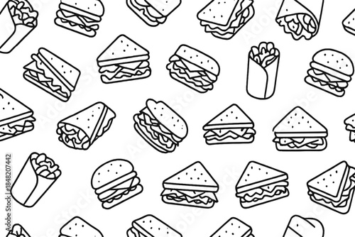 Seamless pattern of hand-drawn sandwiches and burritos on a dark gray background