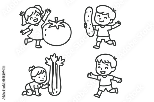 Children with Healthy Food - Line Art