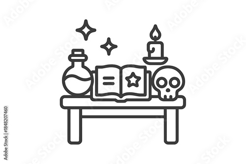 Halloween magic table with skull, potion, and spellbook