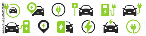 Electric car charging icon set. EV station, plug, socket, hybrid car, green electric car with plug symbol on white background - stock vector.