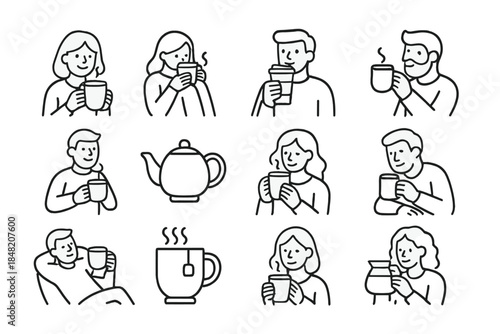 Icons of people enjoying hot beverages, teapot, and teacup