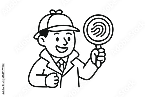 Cartoon detective with magnifying glass and fingerprint