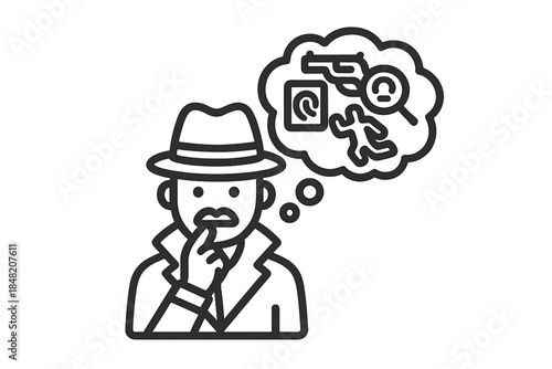 Detective contemplating evidence in a thought bubble