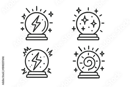 Four crystal ball icons with lightning, stars, and spiral symbols