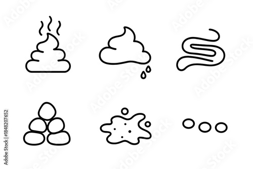 Six stylized icons representing different forms of excrement