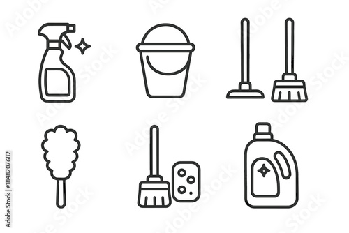 Cleaning supplies icon set on dark background