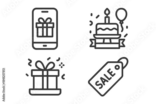 Set of line icons representing gifting and sales