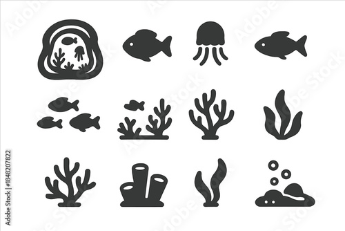 Underwater life icons set