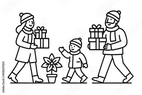 Family walking with Christmas gifts and poinsettia