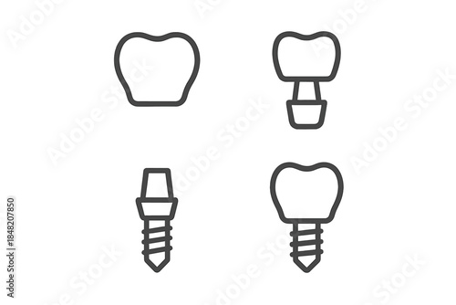Dental implants and crowns outline icons