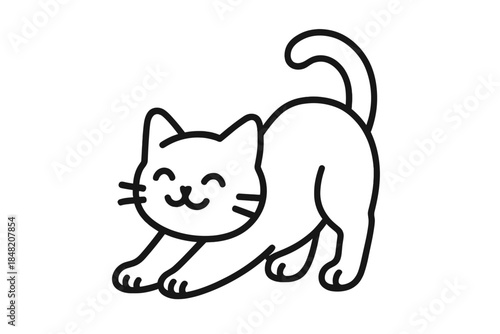 Cute black cat stretching outline on a grey background