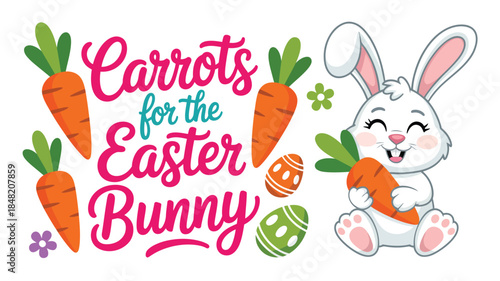 Cute Easter bunny holding carrot surrounded by colorful eggs and vegetables