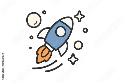 Cartoon rocket ship in space with stars and planets