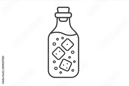 Bottle of liquid with ice cubes and bubbles