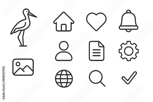 Set of dark outlined icons on a blurred background