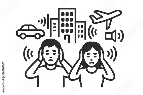 People covering ears due to noise pollution from city life