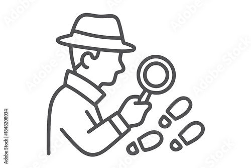 Detective examining footprints with magnifying glass