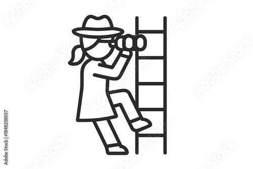 Spy using binoculars on a ladder