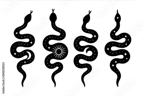 Four mystical black snakes with celestial elements on a gradient background