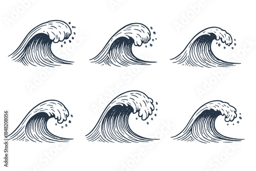 Six Japanese waves with water drops in a dark background