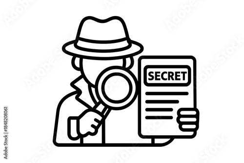 Detective examining secret document with magnifying glass