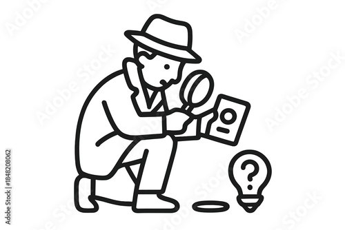 Detective examining evidence with magnifying glass and light bulb