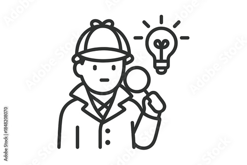 Detective holding magnifying glass with lightbulb icon