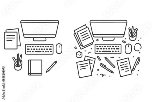 Top-down view of two organized desks with computers and office supplies