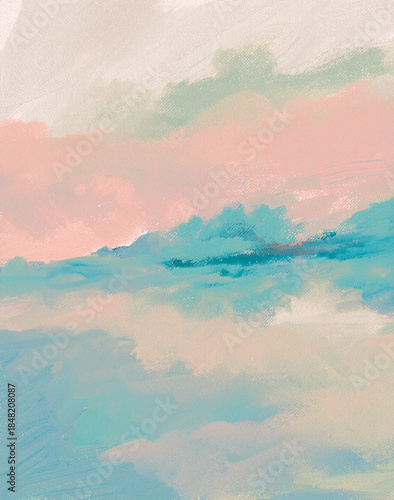 Impressionistic Landscape in oft Pastels of Trees and Grass on Hillside under Clouds in the Misty Foggy Sky-Digital Art, Illustration, Design, Artwork, Painting-in Soft Pink, Aqua, Teal, & Gold