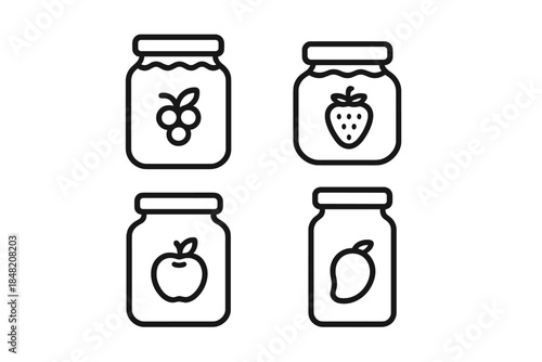 Set of four stylized jam jars with fruit icons