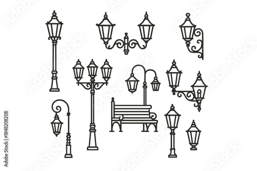 Collection of vintage street lamps and park bench