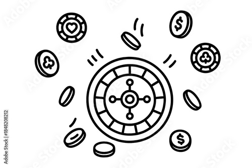 Casino Roulette Wheel with Falling Chips and Coins