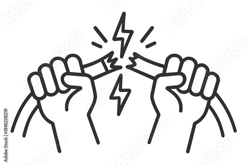 Two hands breaking a chain with lightning bolts