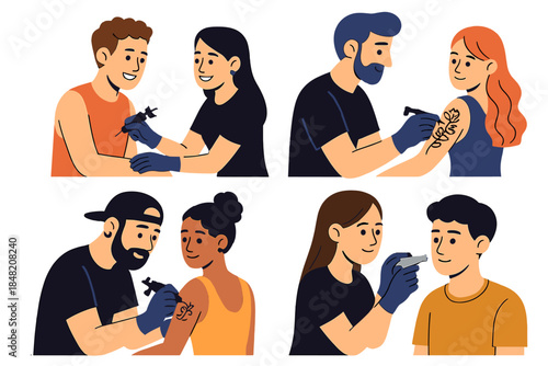 Diverse Group of People Getting Tattoos in a Studio